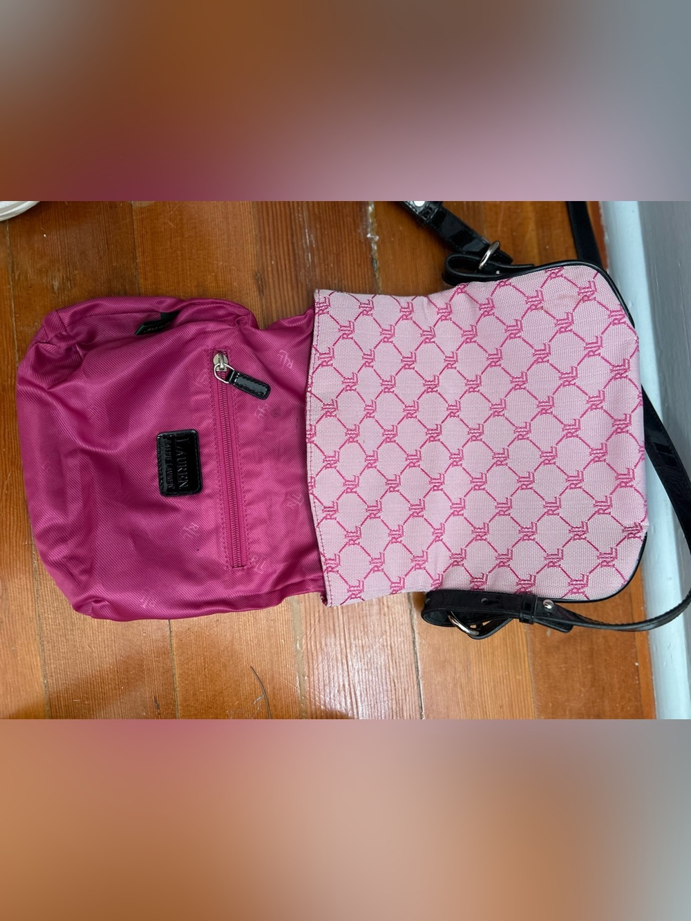 Lauren Ralph Lauren Pink Monogram Crossbody Bag Y2K Logo Canvas - Picture 5 of 5